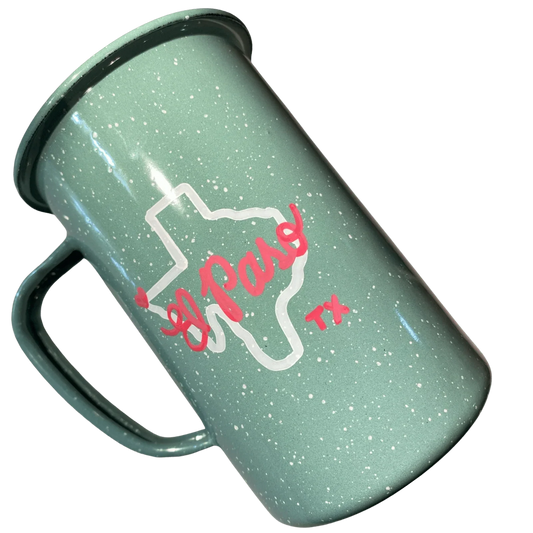 El Paso Mug – 16 oz Hand-Drawn Pink Lettering Tall Enamel Tin Souvenir Cup - Ysleta Mission Gift Shop