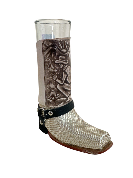 Handcrafted real leather boot shot glass with removable glass insert, 6-inch size, in assorted styles, ideal for home and bar decor.