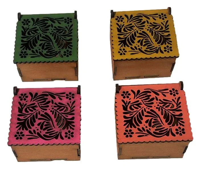 Papel Picado Design Laser-Cut Wood Box – Color Options Available 3" x 3" x 2" - Ysleta Mission Gift Shop