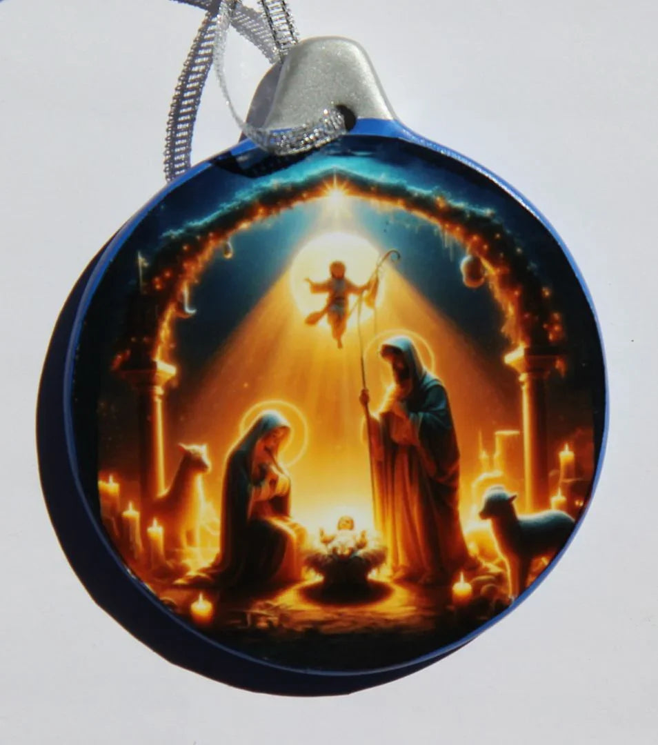 Ornament Nativity Scene With Angel, Ceramic 3.26 X 3.81In - Ysleta Mission Gift Shop