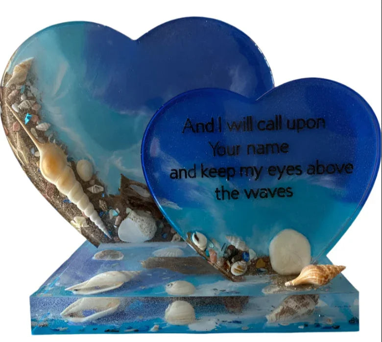 Ocean-Themed Double Resin Heart with Shells – “And I Will Call Upon Your Name” Scripture Art 8x11 inches - Ysleta Mission Gift Shop