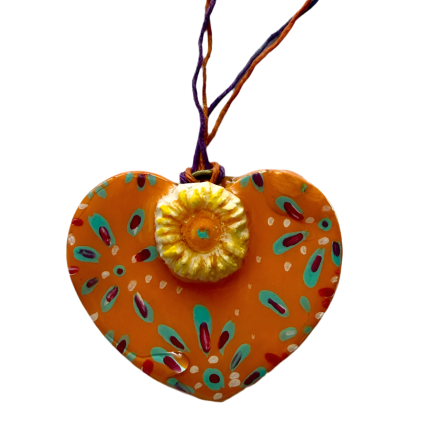 Orange sculpted clay heart ornament sunshine theme 2 x 2.5 in