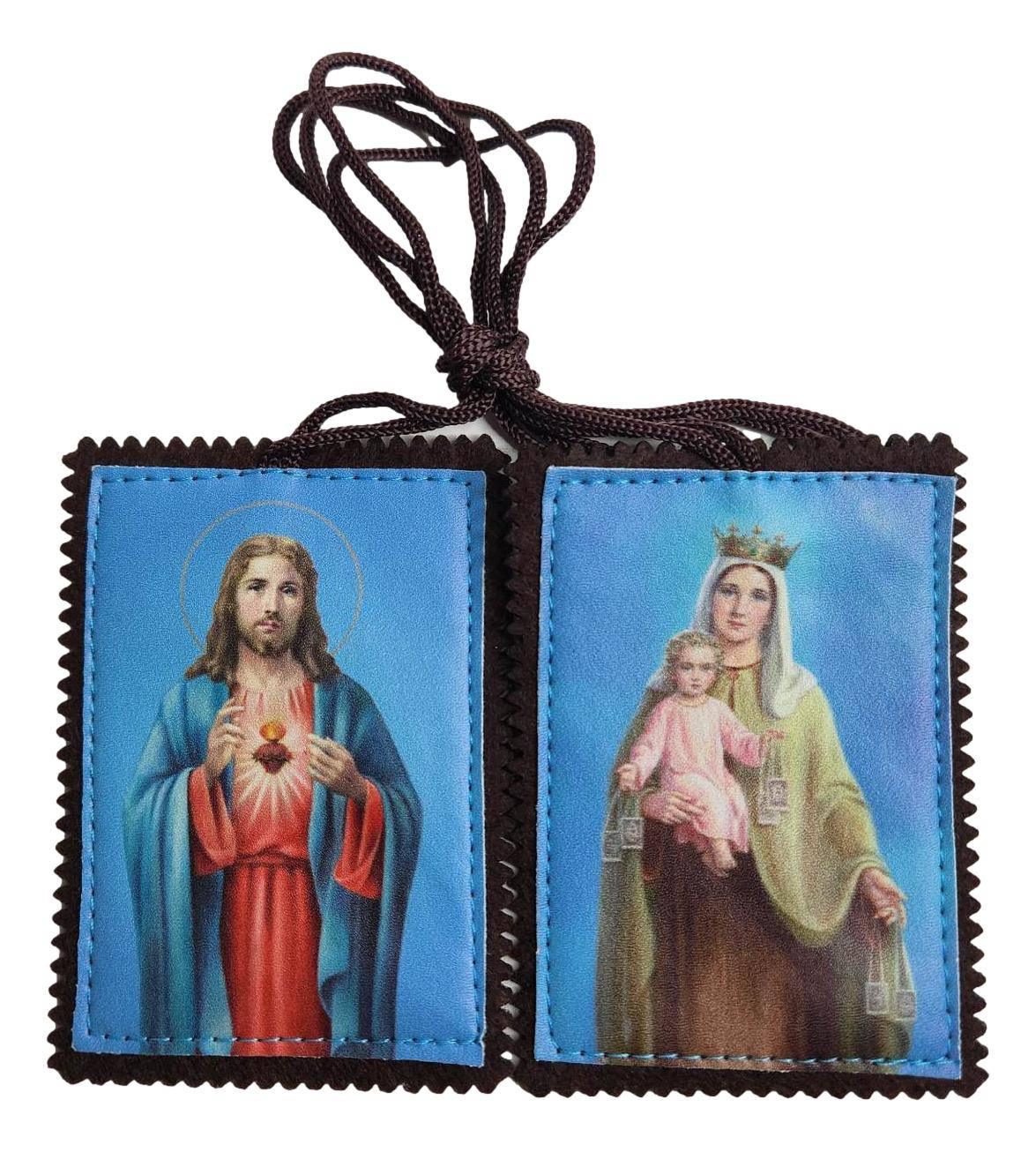 Catholic felt vinyl scapular badge featuring Our Lady of Mount Carmel and Sacred Heart with 21-inch cord, 3x2 inches.