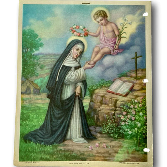 Out-of-Print Religious Image – Saint Rose of Lima / Santa Rosa de Lima – Mystical Garden Scene - Ysleta Mission Gift Shop