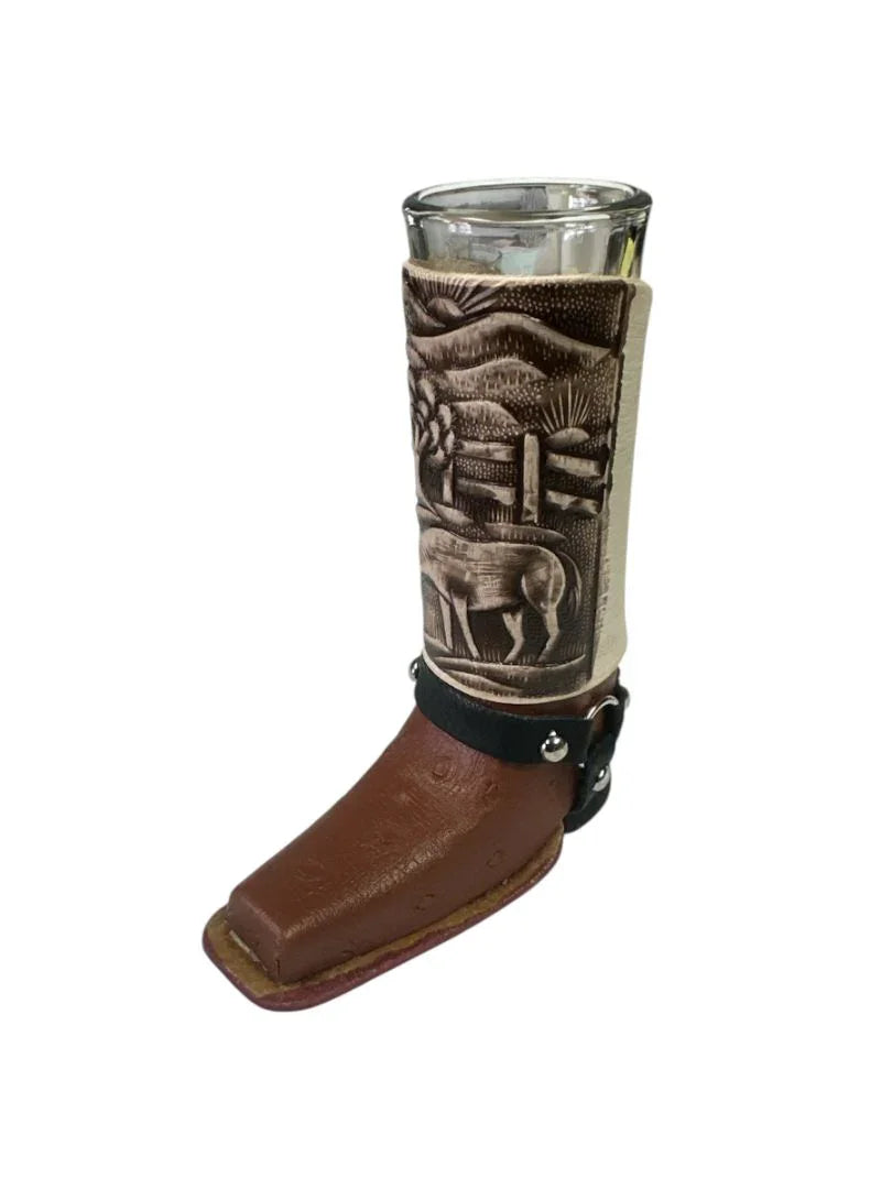 Handcrafted Real Leather Boot Shot Glass | Assorted Styles – 6" Removable Glass Insert - Ysleta Mission Gift Shop