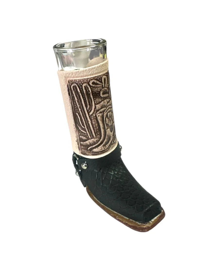 Handcrafted Real Leather Boot Shot Glass | Assorted Styles – 6" Removable Glass Insert - Ysleta Mission Gift Shop