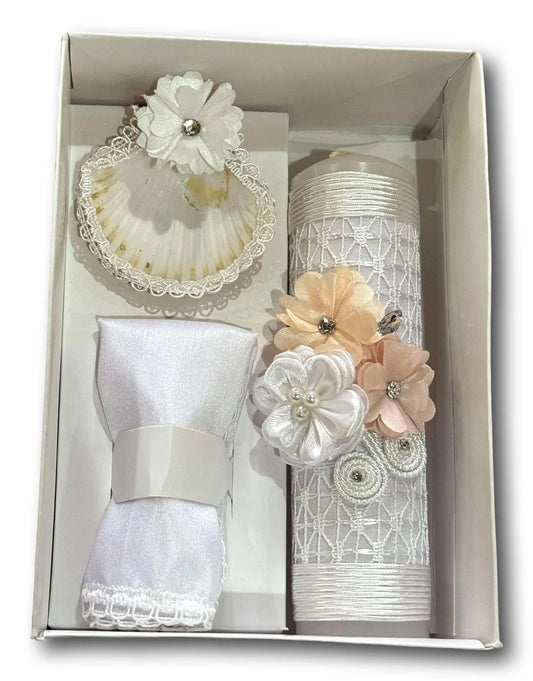 White Lily Baptism Candle Set – Minimalist Christening Gift with Shell & Satin Cloth - Ysleta Mission Gift Shop