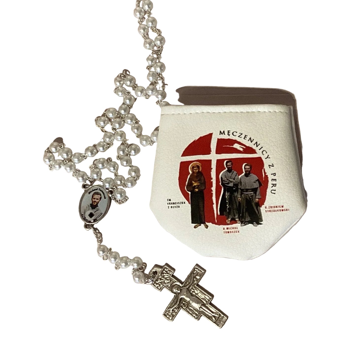 Pearl relic rosary with double-sided center of Peruvian Martyrs Miguel Tomaszek and Zbigniew Strzałkowski with devotional pouch