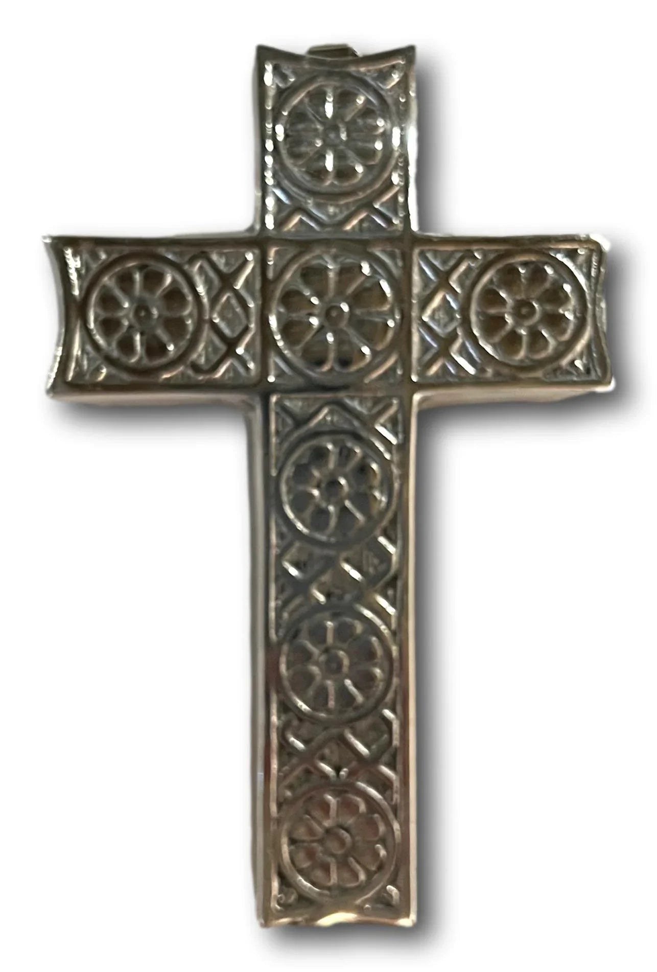 Pewter Relief Cross – Textured Religious Wall Art, 7" x 4.5" - Ysleta Mission Gift Shop