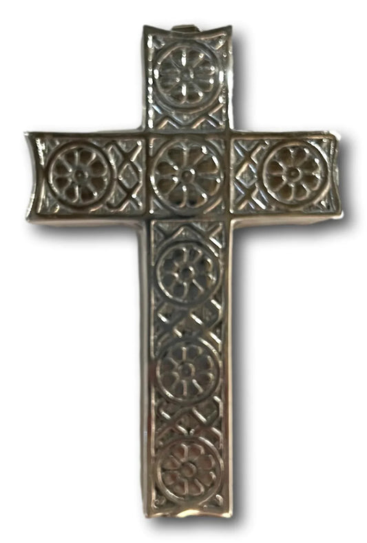 Pewter Relief Cross – Textured Religious Wall Art, 7" x 4.5" - Ysleta Mission Gift Shop