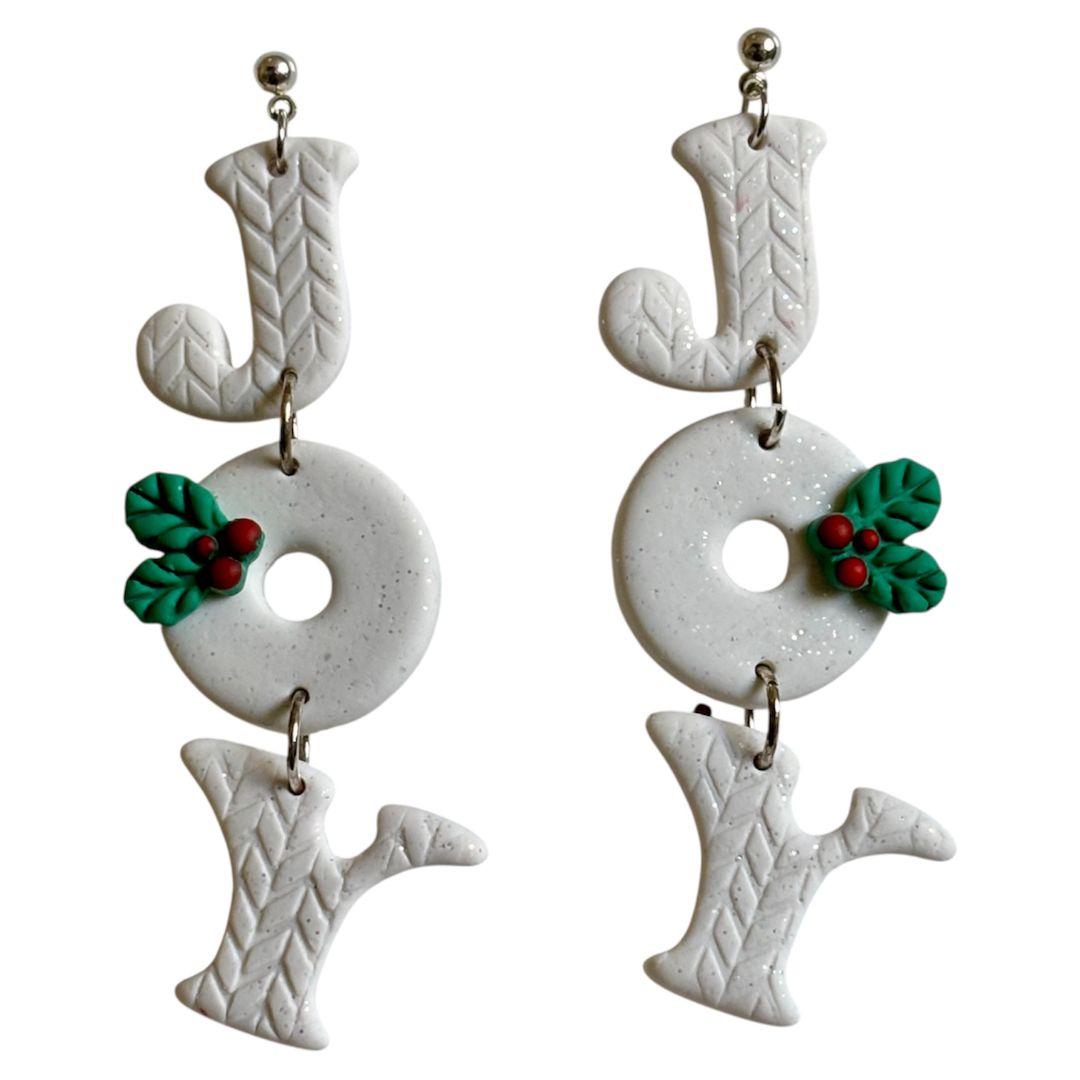 Polymer Clay JOY Earrings with holly accents, silver plated iron stud ball posts - Ysleta Mission Gift Shop