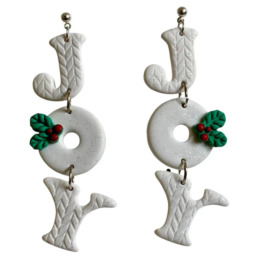 Polymer clay JOY earrings with holly accents