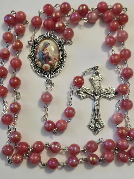 Pink Marble Watermelon Rosary – Dedication to Mother Mary with Roses - Ysleta Mission Gift Shop