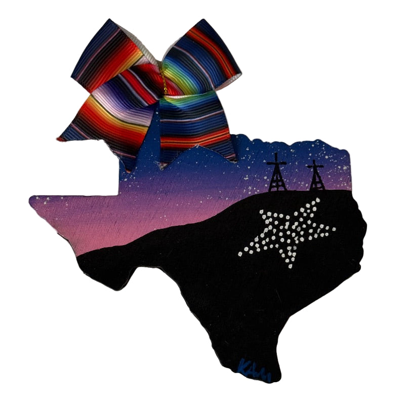 Pink El Paso Texas-Shaped Magnet – Hand-Painted Wood with Serape Ribbon & Star on the Mountain