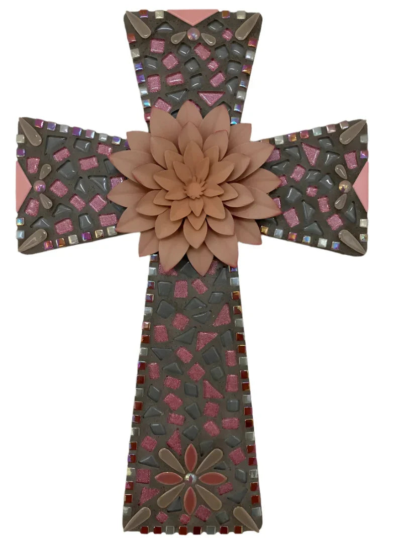 Pink & Grey Mosaic Cross on Wood – Pink Flower Centerpiece 18" x 12" - Ysleta Mission Gift Shop