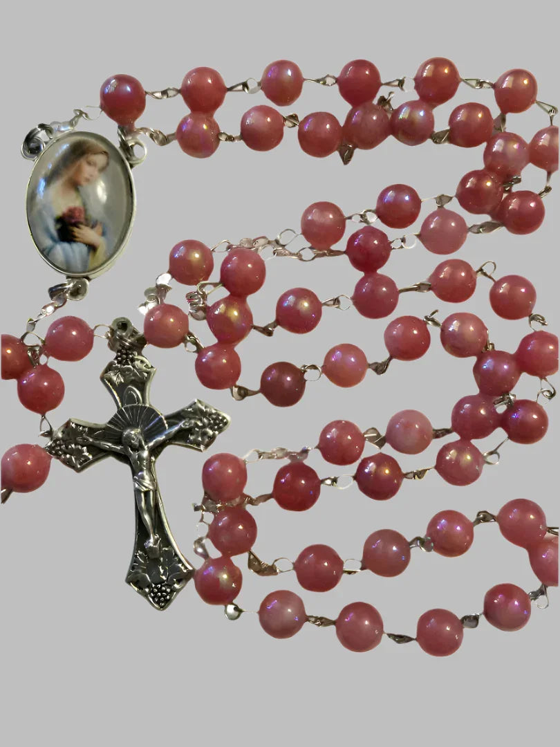 Pink Marble Watermelon Rosary – Rosa Mystica Centerpiece with Jubilee Crucifix - Ysleta Mission Gift Shop