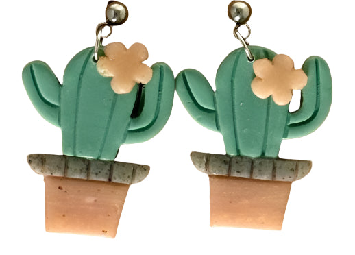Potted Cactus Dangle Earrings – Polymer Clay with Stainless Steel Ball Studs