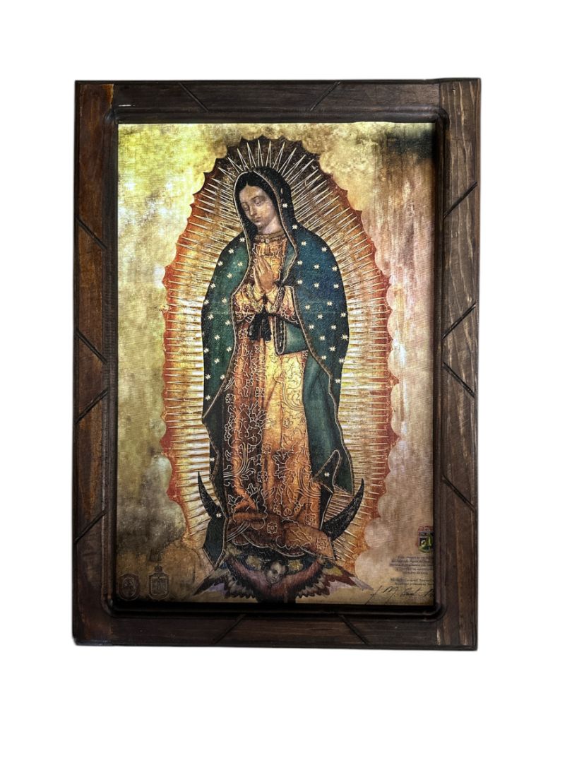 Our Lady of Guadalupe Religious Print with Wood Frame Various – Mexican Accent Art 13 x 17.5 Inches - Ysleta Mission Gift Shop
