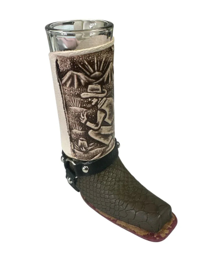 Handcrafted Real Leather Boot Shot Glass | Assorted Styles – 6" Removable Glass Insert - Ysleta Mission Gift Shop