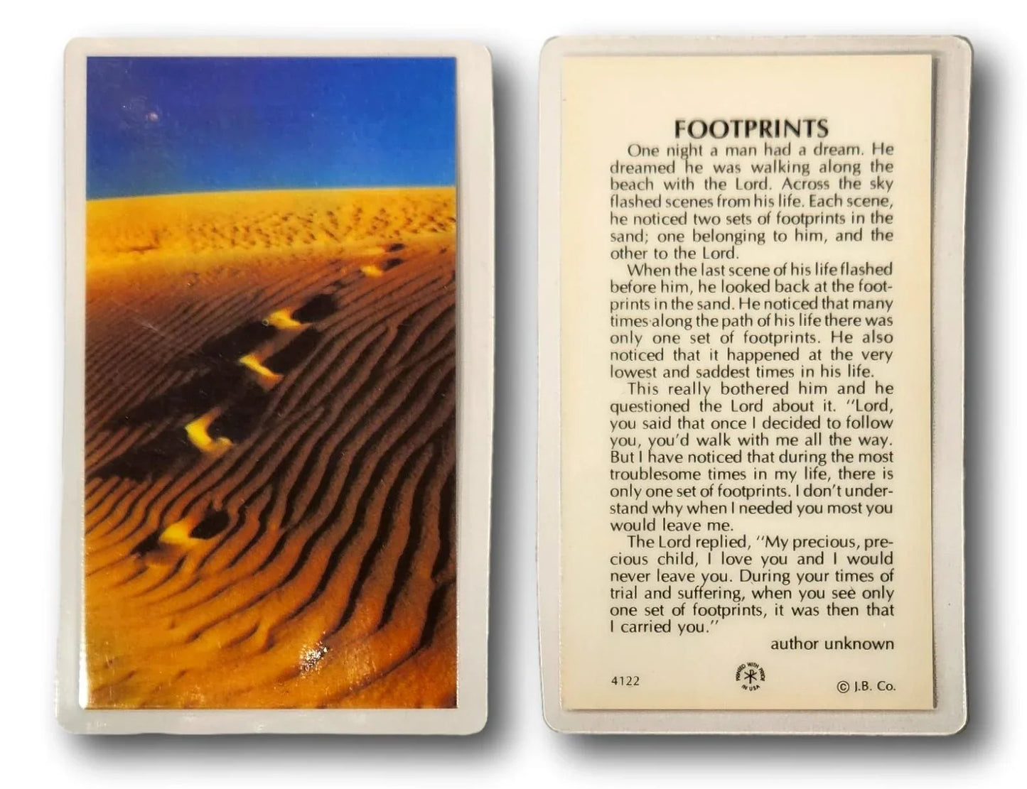 Rare Laminated Prayer Card – "Footprints" Poem in English – Inspirational Christian Keepsake - Ysleta Mission Gift Shop