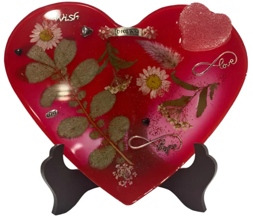 Red Resin Heart with Dried Flowers & Charms-Wood Easel Included - Ysleta Mission Gift Shop