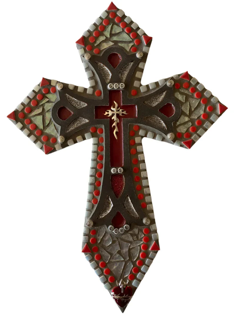Red & Silver “God Is Love” Mosaic Cross on Wood – Christian Wall Art with Heartfelt Message 16x9 inches - Ysleta Mission Gift Shop