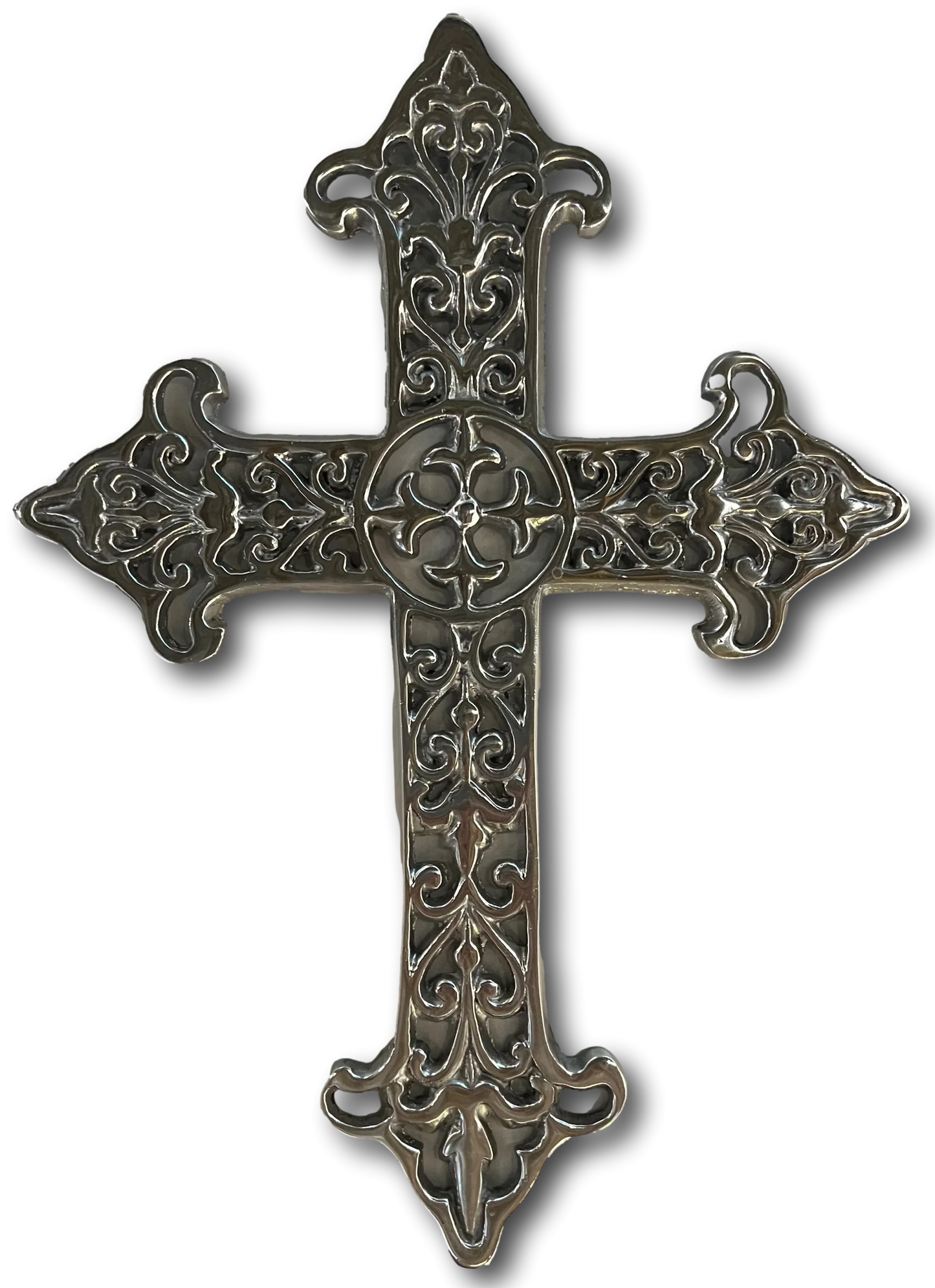 Relief Cutout Pewter Cross – Cathedral-Inspired Wall Decor, 16" x 11" - Ysleta Mission Gift Shop
