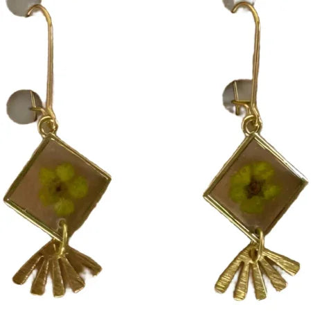 Resin Flower Earrings – Brass Mini Fan Pendant with 18K Gold Plated Hooks - Ysleta Mission Gift Shop