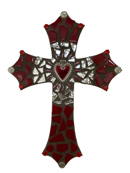 Sacred Heart Mosaic Cross on Wood – Red & Silver 10" x 7" - Ysleta Mission Gift Shop