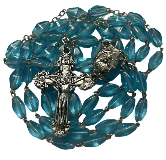 Sacred Heart of Jesus Rosary with Baby Blue Glass Beads & Silver Flowering Crucifix - Inspiring and Serene - Ysleta Mission Gift Shop