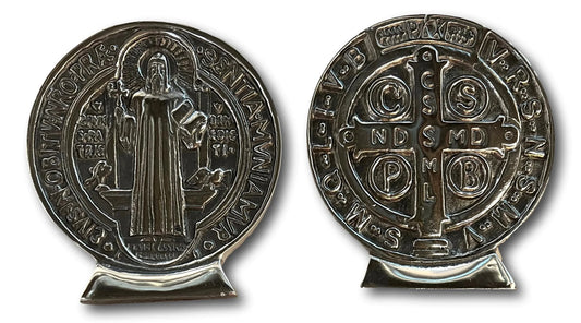 Saint Benedict Medal with Base – Pewter Spiritual Set 5.5 x 5 Inches - Ysleta Mission Gift Shop