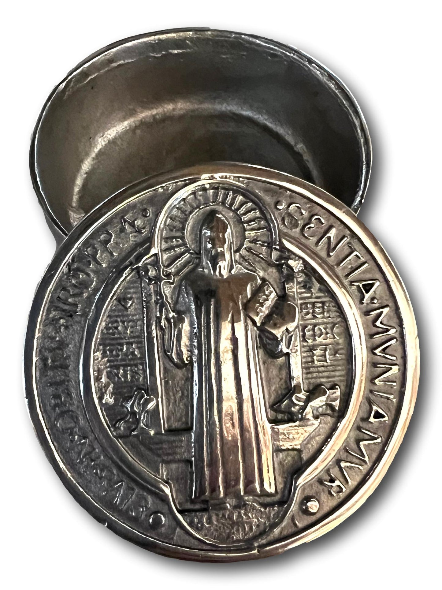 Saint Benedict Rosary Keeper – Pewter Box with Lid, 3" x 1.5"