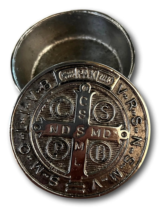 Saint Benedict Rosary Keeper – Pewter Box with Lid, 3" x 1.5" - Ysleta Mission Gift Shop
