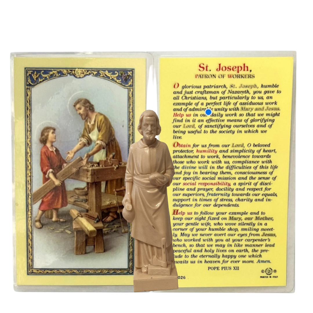 8-inch resin statue of Saint Joseph the Worker, a Catholic devotion kit, showcasing the detailed Christian gift with craftsmanship.