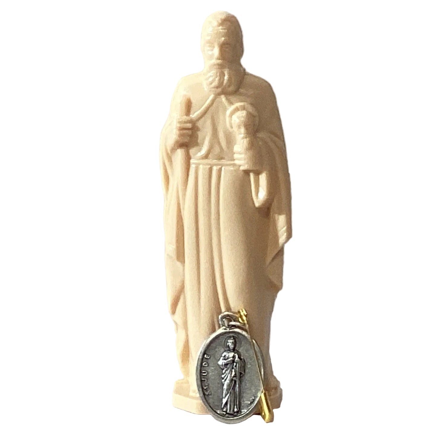 Saint Jude 4-inch Catholic figurine with medal, depicting the saint holding a staff and medal, perfect for religious prayer and devotion.