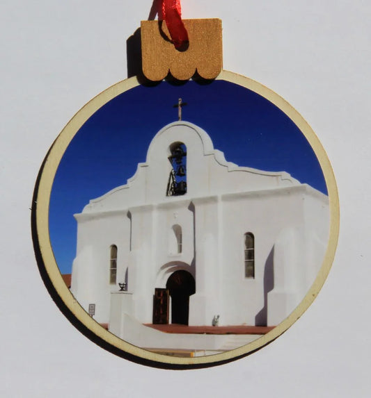 Ornament San Elizario Chapel, Wood Round 3.77" X 4.29" - Ysleta Mission Gift Shop