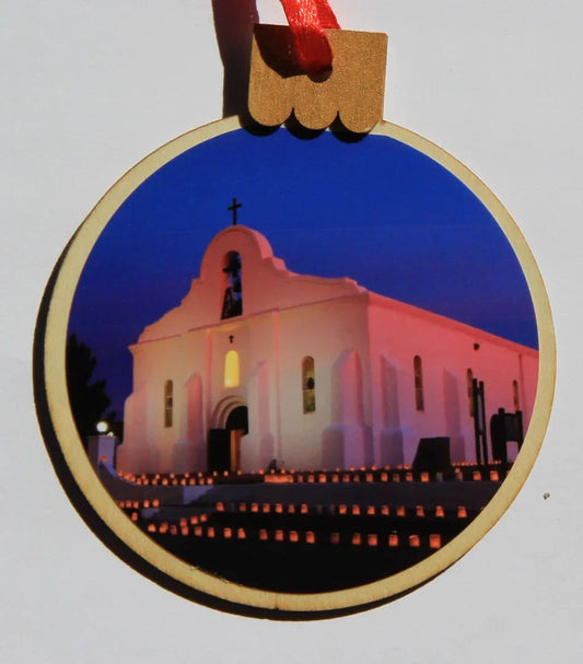 Ornament San Elizario Chapel Blue, Wood Round 3.77" X 4.29" - Ysleta Mission Gift Shop