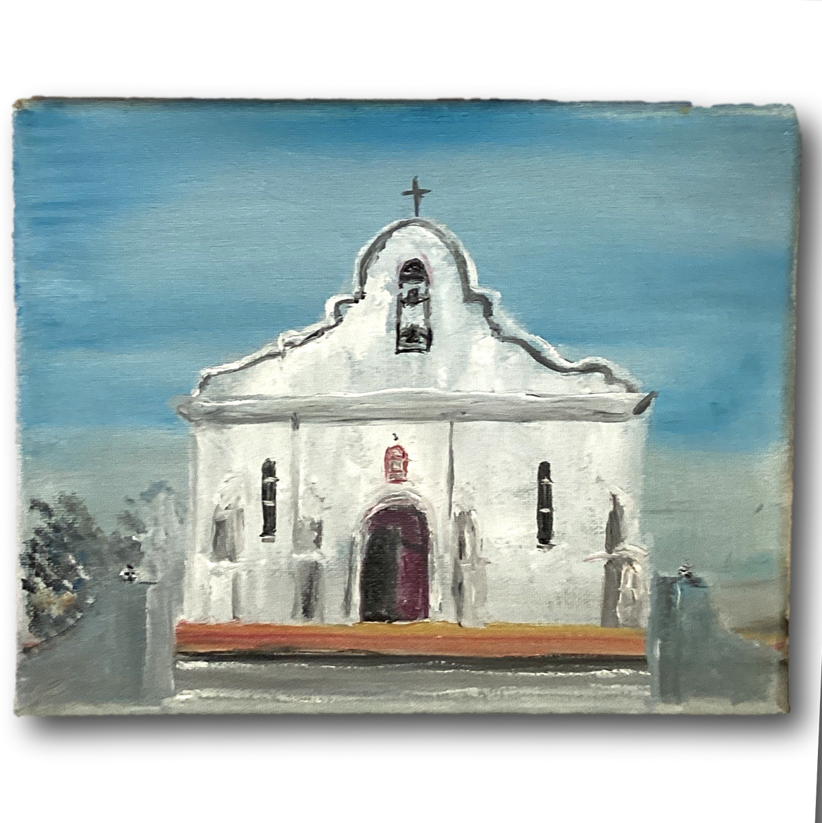 Original oil painting of San Elizario on canvas by local artist, 8x10 inches, part of El Paso souvenirs and artwork collection.