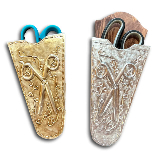 Wood Back Hanging Hand-Embossed Scissor Case Holder – Artisan Metalwork Decor