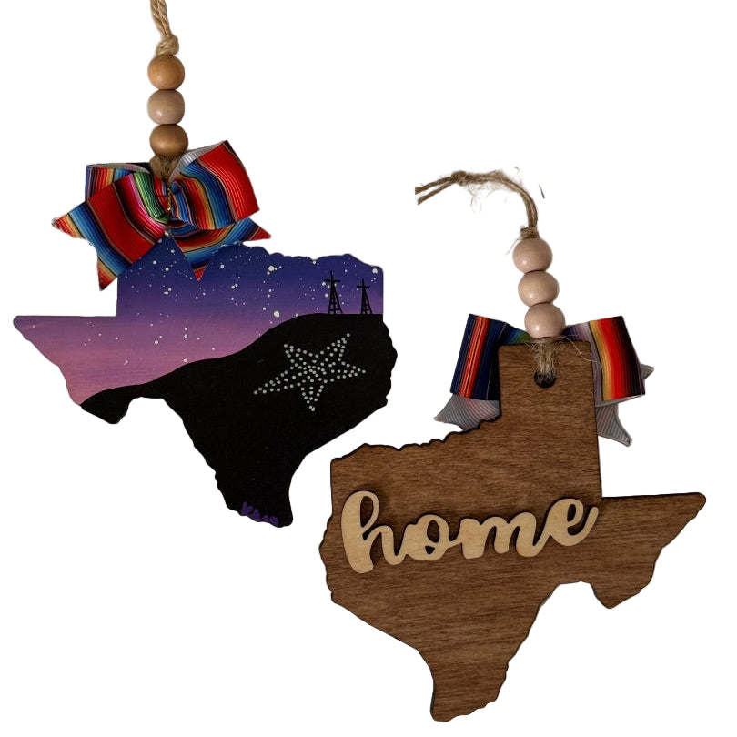 Seasonal & Holiday Wood Texas Ornament – El Paso Pink Sky over the Star on the Mountain with Serape Bow