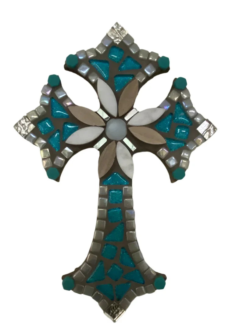 Silver & Turquoise Mosaic Cross on Wood – 10" x 7" - Ysleta Mission Gift Shop