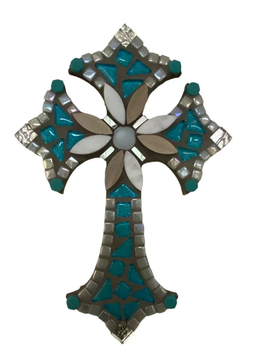 Silver & Turquoise Mosaic Cross on Wood – 10" x 7" - Ysleta Mission Gift Shop