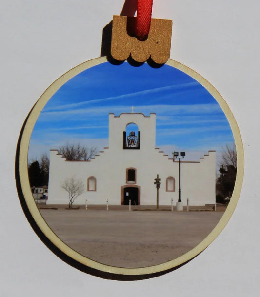 Ornament Socorro Mission, Wood Round 3.77" X 4.29" - Ysleta Mission Gift Shop