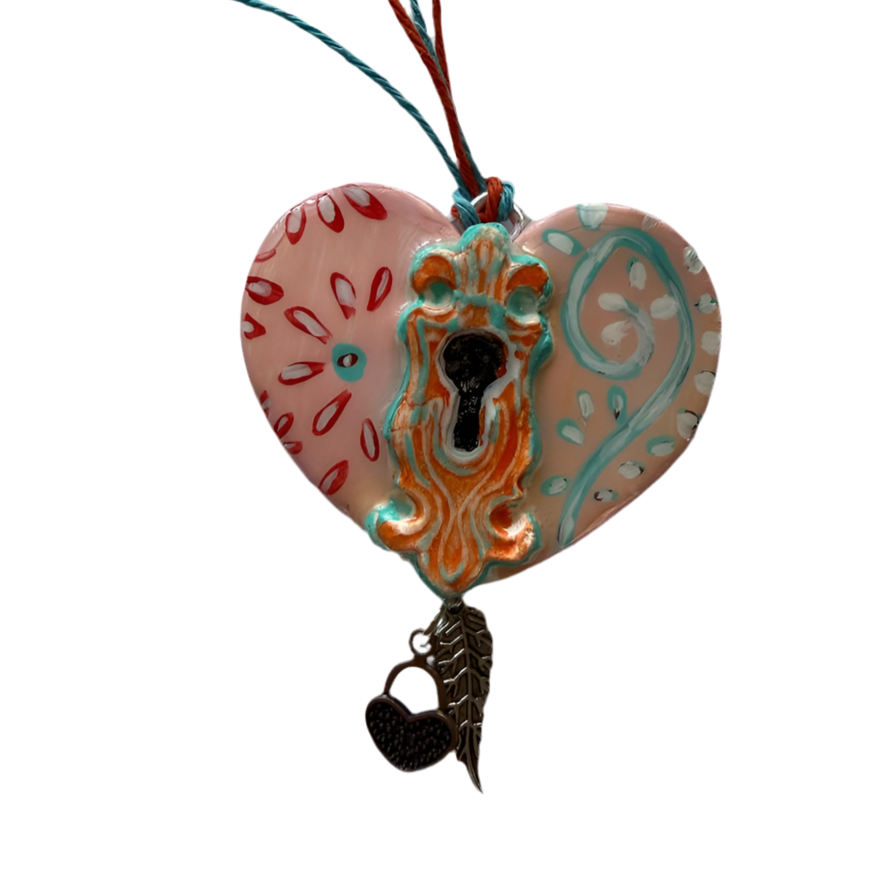 Soft pink sculpted clay heart ornament with key detail 2 x 2.5 in