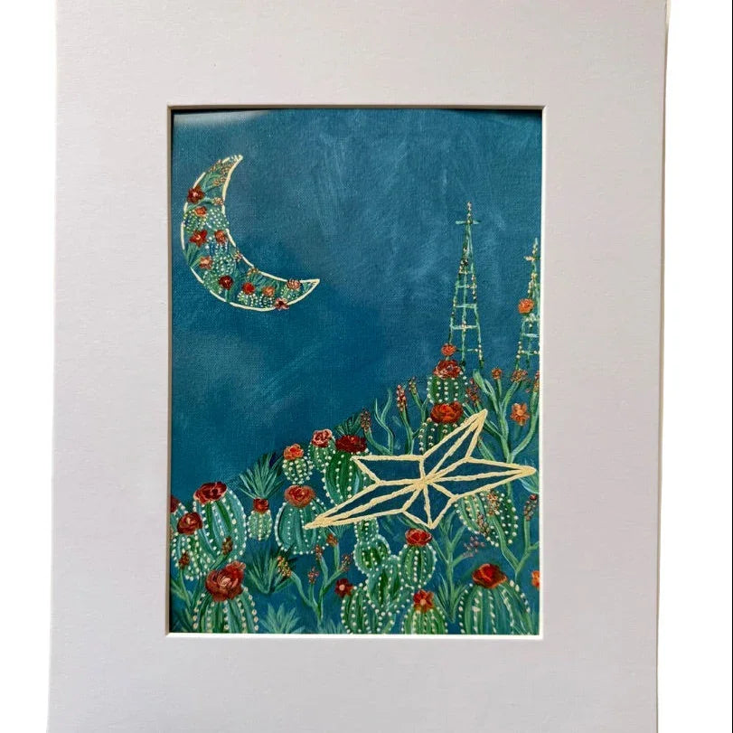 Southwest Desert Moon & Star Art Photo | 5×7 Matted to 8×10 | El Paso Star Under Turquoise Sky
