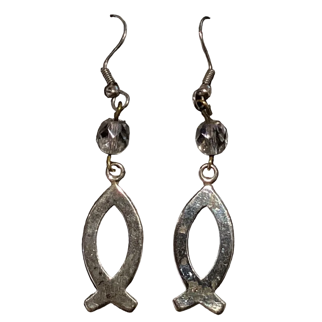 Sterling silver Christian fish Ichthys dangle earrings, 2.5 inches long, featuring faith-inspired jewelry design.