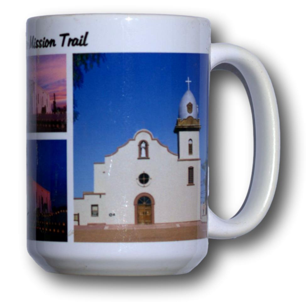 The Mission Trail Ceramic Mug – 15 oz White Coffee Cup - Ysleta Mission Gift Shop