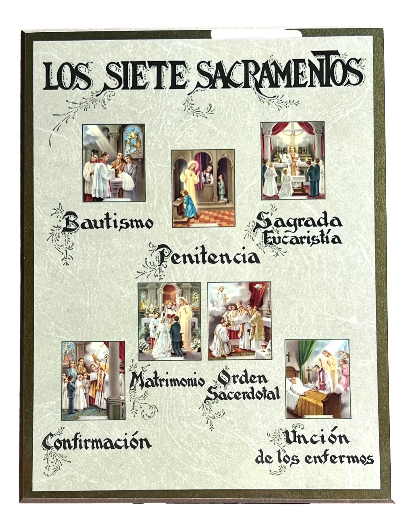 The Seven Sacraments Siete Sacramentos Wood Plaque – Handcrafted Religious Decor 9" x 7" - Ysleta Mission Gift Shop