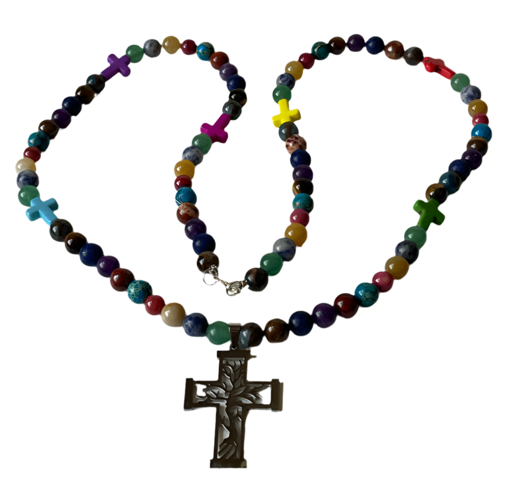 Tree of Life Cross Necklace – 28 Multicolor Turquoise Beads with Silver Cross Pendant