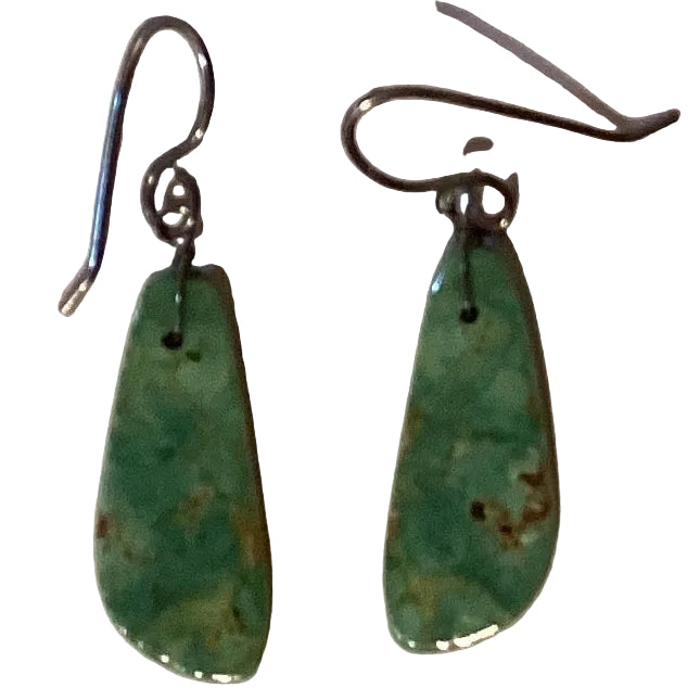 Turquoise slab stone dangle earrings from Ysleta Mission Gift Shop, handcrafted Southwestern artisan jewelry, 2 inches long.